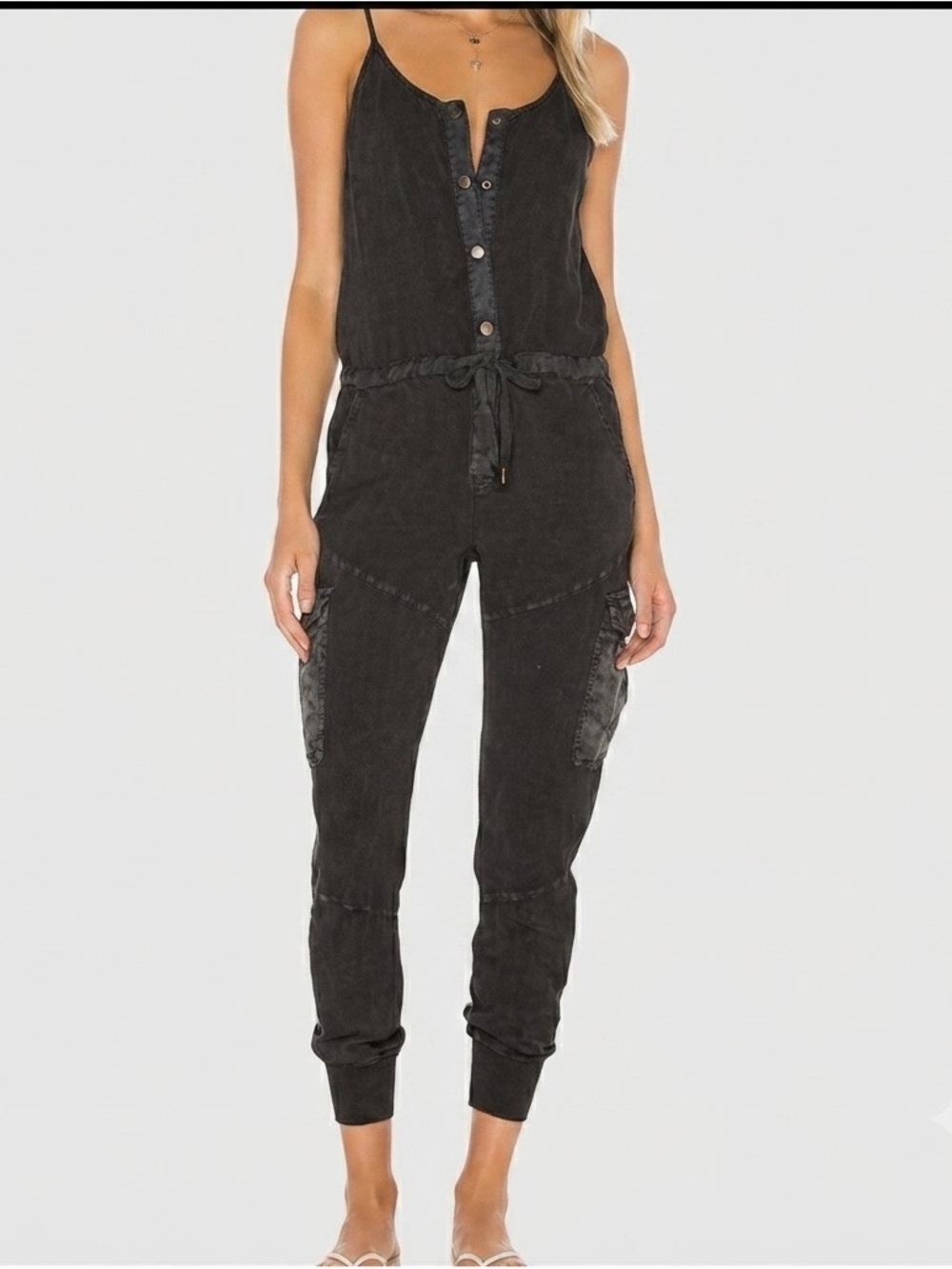 Sleeveless Button-Front Jumpsuit in Washed Black
